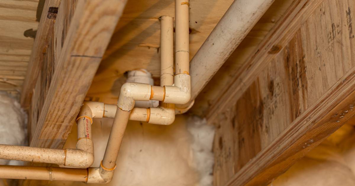 Dirty white pipes with yellow solvent connecting each component are installed in a small wooden space in a building.